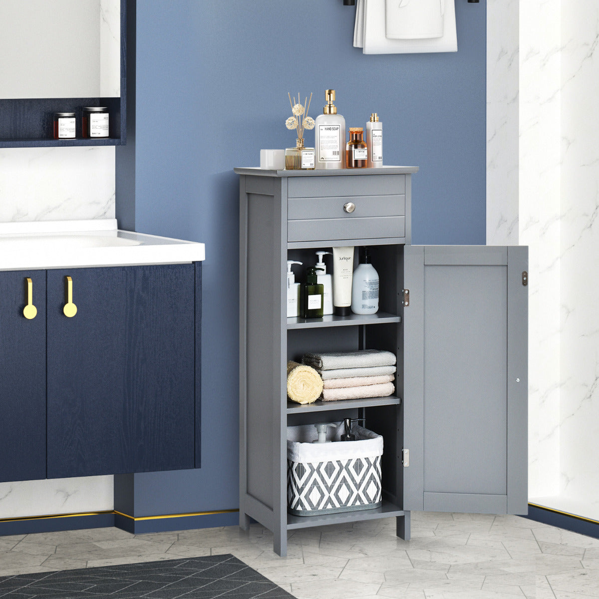 Armario del Baño Organizado Vertical con Puerta Individual 1 Cajón Grande 2 Repisas Regulables para Baño Salón Gris 35,6 x 30,5 x 88 cm