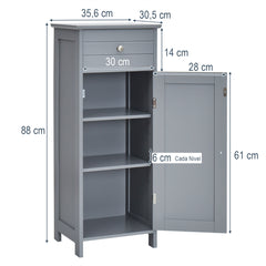 Armario del Baño Organizado Vertical con Puerta Individual 1 Cajón Grande 2 Repisas Regulables para Baño Salón Gris 35,6 x 30,5 x 88 cm