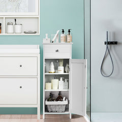 Armario del Baño Organizado Vertical con Puerta Individual 1 Cajón Grande 2 Repisas Regulables para Baño Salón Blanco 35,6 x 30,5 x 88 cm