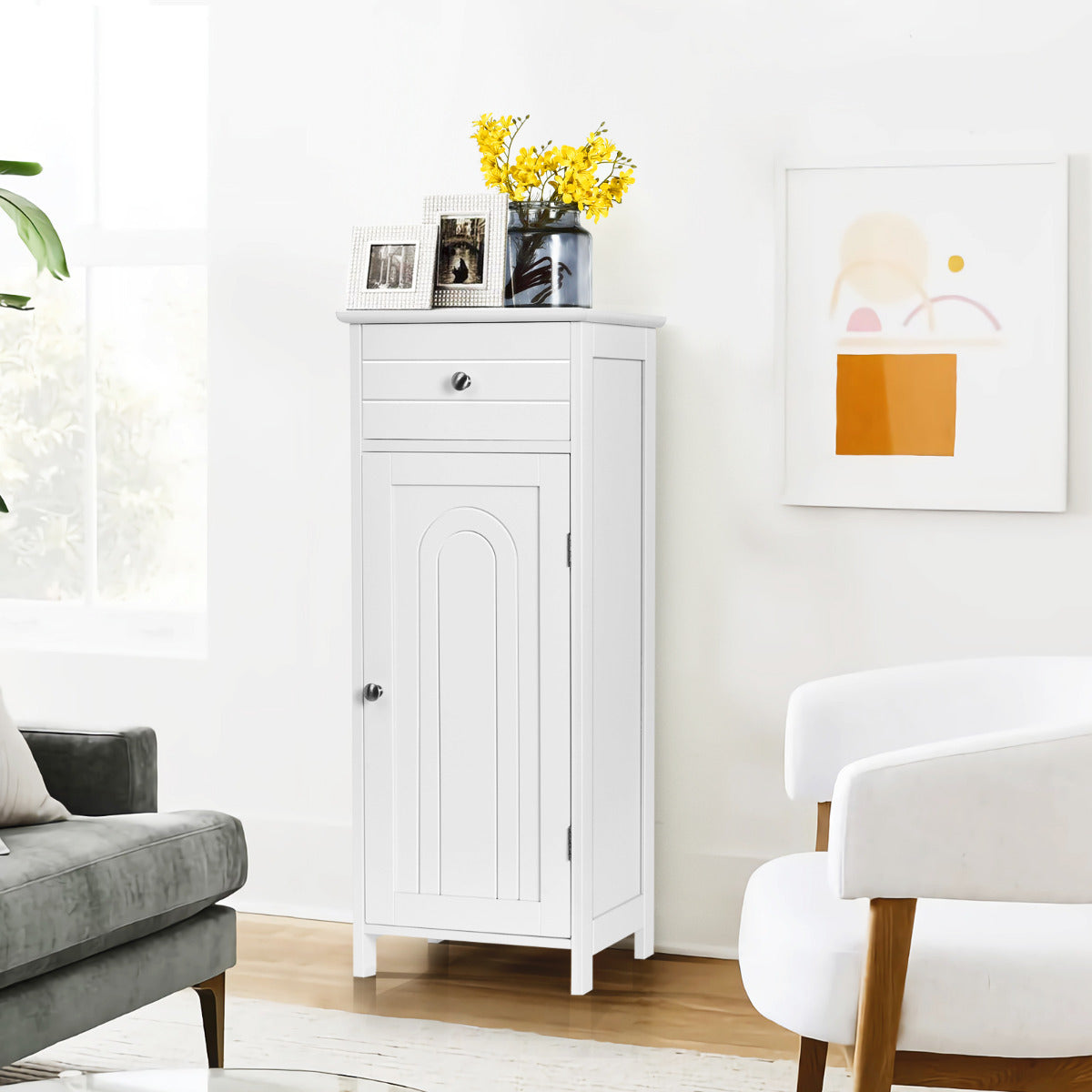 Armario del Baño Organizado Vertical con Puerta Individual 1 Cajón Grande 2 Repisas Regulables para Baño Salón Blanco 35,6 x 30,5 x 88 cm
