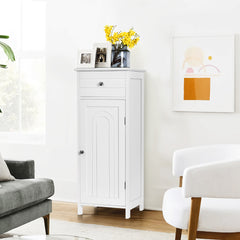 Armario del Baño Organizado Vertical con Puerta Individual 1 Cajón Grande 2 Repisas Regulables para Baño Salón Blanco 35,6 x 30,5 x 88 cm
