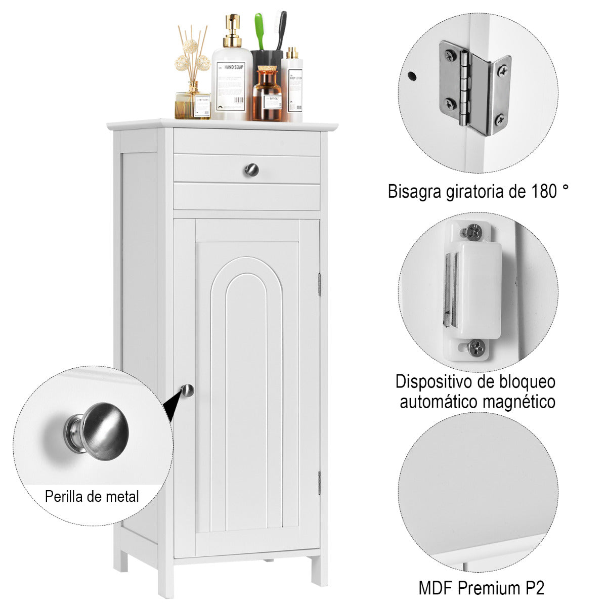 Armario del Baño Organizado Vertical con Puerta Individual 1 Cajón Grande 2 Repisas Regulables para Baño Salón Blanco 35,6 x 30,5 x 88 cm