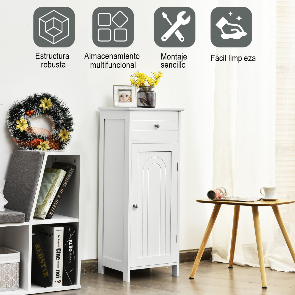 Armario del Baño Organizado Vertical con Puerta Individual 1 Cajón Grande 2 Repisas Regulables para Baño Salón Blanco 35,6 x 30,5 x 88 cm