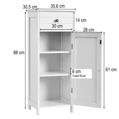 Armario del Baño Organizado Vertical con Puerta Individual 1 Cajón Grande 2 Repisas Regulables para Baño Salón Blanco 35,6 x 30,5 x 88 cm