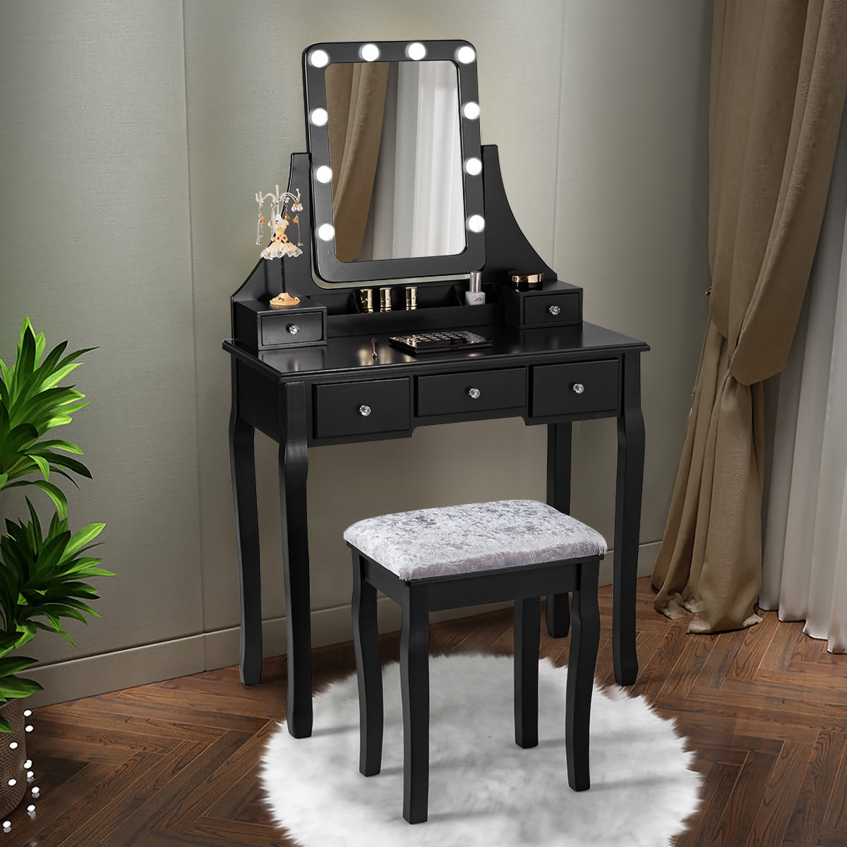 Set Tocador con Espejo Rectangular y Taburete Mesa para Maquillarse con 10 Bombillas LED Negro 80 x 40 x 135,5 cm