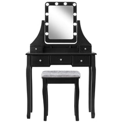 Set Tocador con Espejo Rectangular y Taburete Mesa para Maquillarse con 10 Bombillas LED Negro 80 x 40 x 135,5 cm