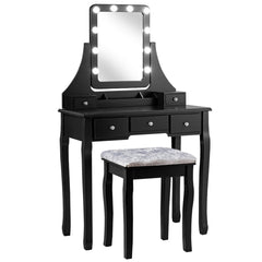 Set Tocador con Espejo Rectangular y Taburete Mesa para Maquillarse con 10 Bombillas LED Negro 80 x 40 x 135,5 cm