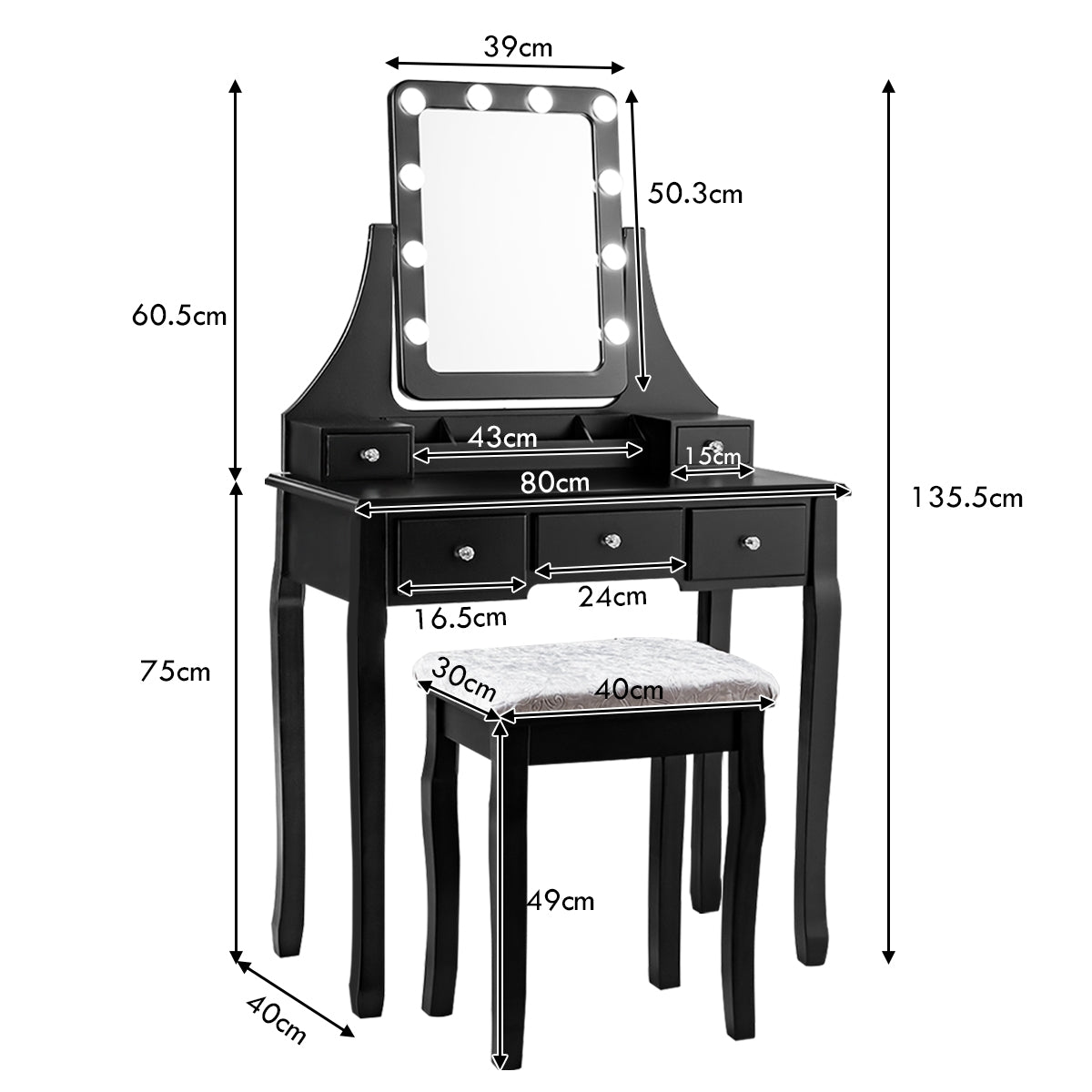 Set Tocador con Espejo Rectangular y Taburete Mesa para Maquillarse con 10 Bombillas LED Negro 80 x 40 x 135,5 cm