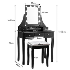 Set Tocador con Espejo Rectangular y Taburete Mesa para Maquillarse con 10 Bombillas LED Negro 80 x 40 x 135,5 cm