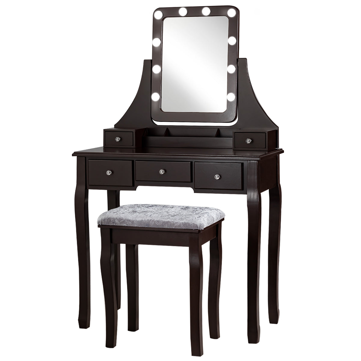 Set Tocador con Espejo Rectangular y Taburete Mesa para Maquillarse con 10 Bombillas LED Marrón 80 x 40 x 135,5 cm