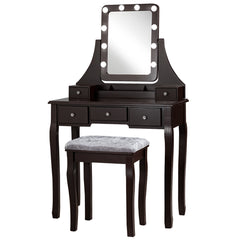 Set Tocador con Espejo Rectangular y Taburete Mesa para Maquillarse con 10 Bombillas LED Marrón 80 x 40 x 135,5 cm
