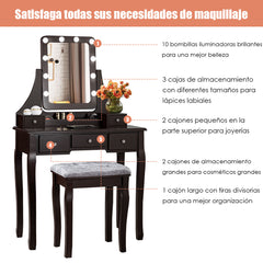 Set Tocador con Espejo Rectangular y Taburete Mesa para Maquillarse con 10 Bombillas LED Marrón 80 x 40 x 135,5 cm