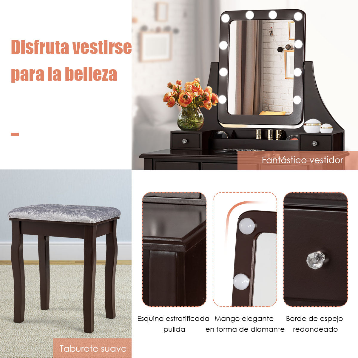 Set Tocador con Espejo Rectangular y Taburete Mesa para Maquillarse con 10 Bombillas LED Marrón 80 x 40 x 135,5 cm