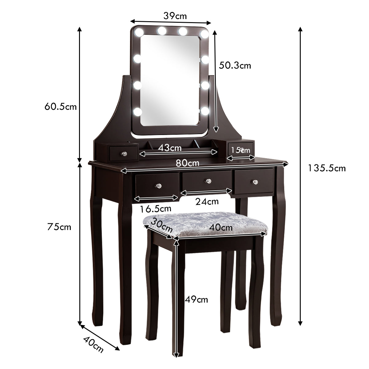 Set Tocador con Espejo Rectangular y Taburete Mesa para Maquillarse con 10 Bombillas LED Marrón 80 x 40 x 135,5 cm
