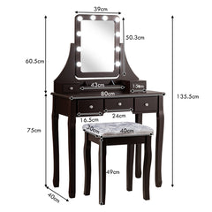 Set Tocador con Espejo Rectangular y Taburete Mesa para Maquillarse con 10 Bombillas LED Marrón 80 x 40 x 135,5 cm