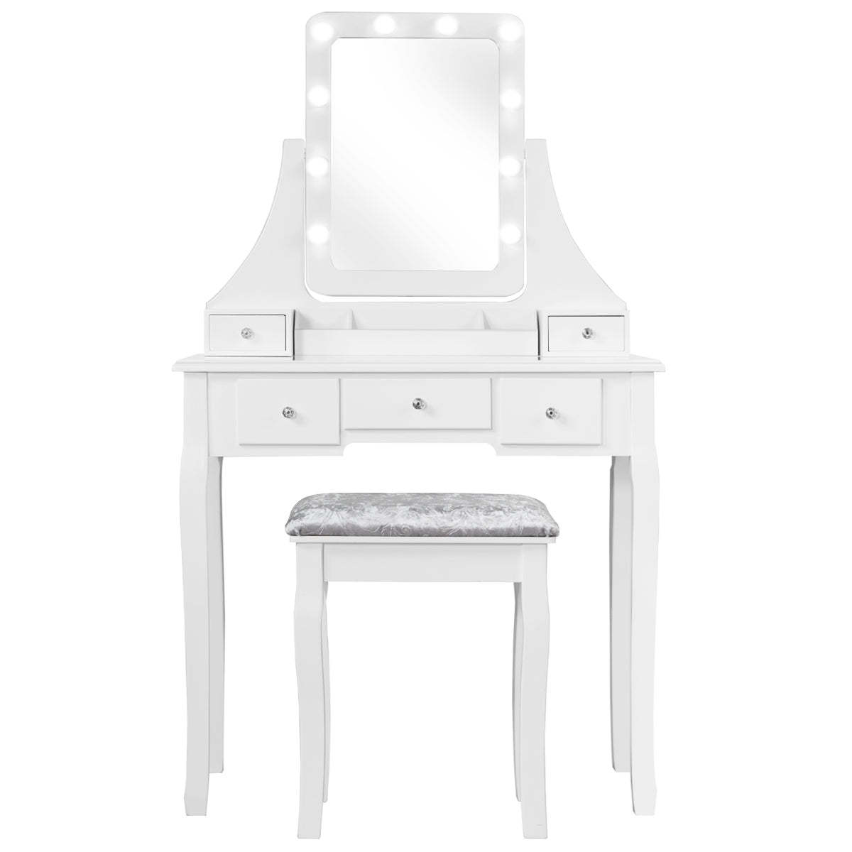 Set Tocador con Espejo Rectangular y Taburete Mesa para Maquillarse con 10 Bombillas LED Blanco 80 x 40 x 135,5 cm