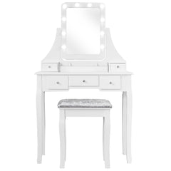 Set Tocador con Espejo Rectangular y Taburete Mesa para Maquillarse con 10 Bombillas LED Blanco 80 x 40 x 135,5 cm