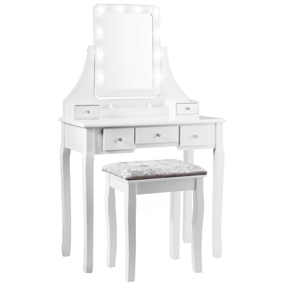 Set Tocador con Espejo Rectangular y Taburete Mesa para Maquillarse con 10 Bombillas LED Blanco 80 x 40 x 135,5 cm
