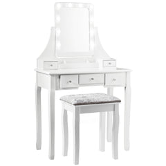 Set Tocador con Espejo Rectangular y Taburete Mesa para Maquillarse con 10 Bombillas LED Blanco 80 x 40 x 135,5 cm