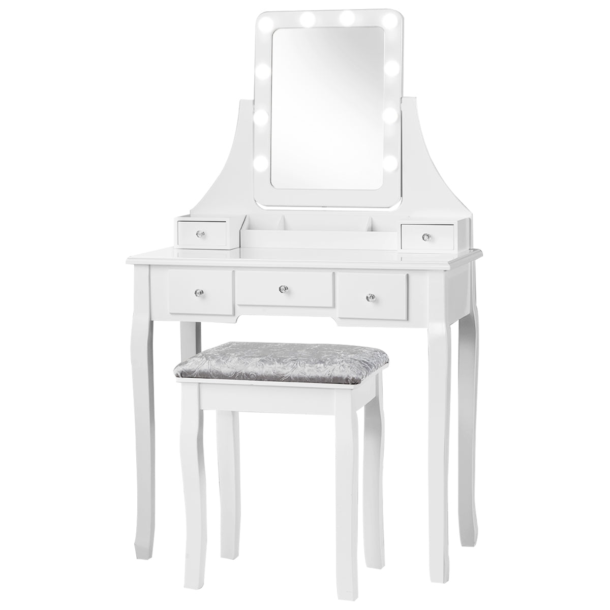 Set Tocador con Espejo Rectangular y Taburete Mesa para Maquillarse con 10 Bombillas LED Blanco 80 x 40 x 135,5 cm