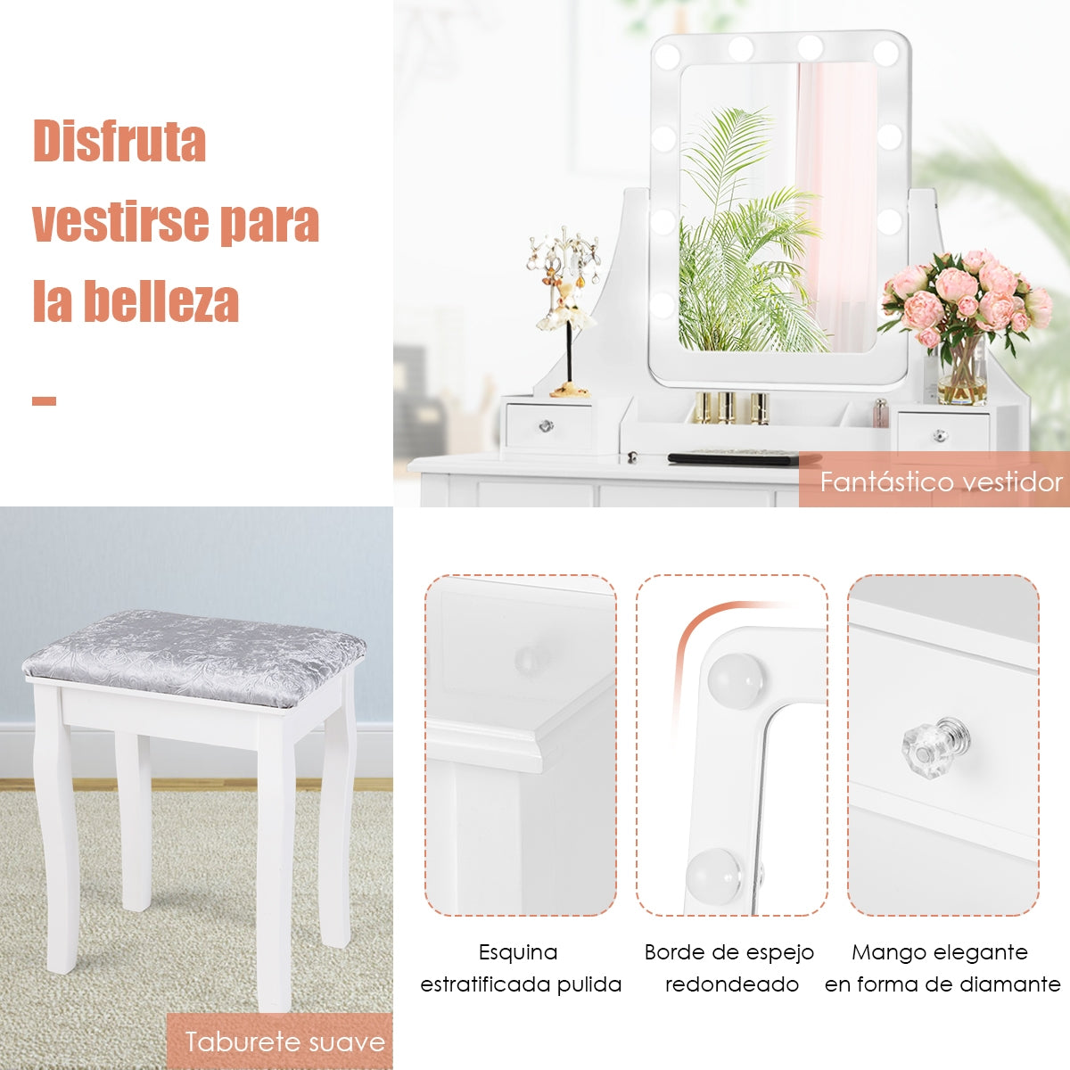 Set Tocador con Espejo Rectangular y Taburete Mesa para Maquillarse con 10 Bombillas LED Blanco 80 x 40 x 135,5 cm