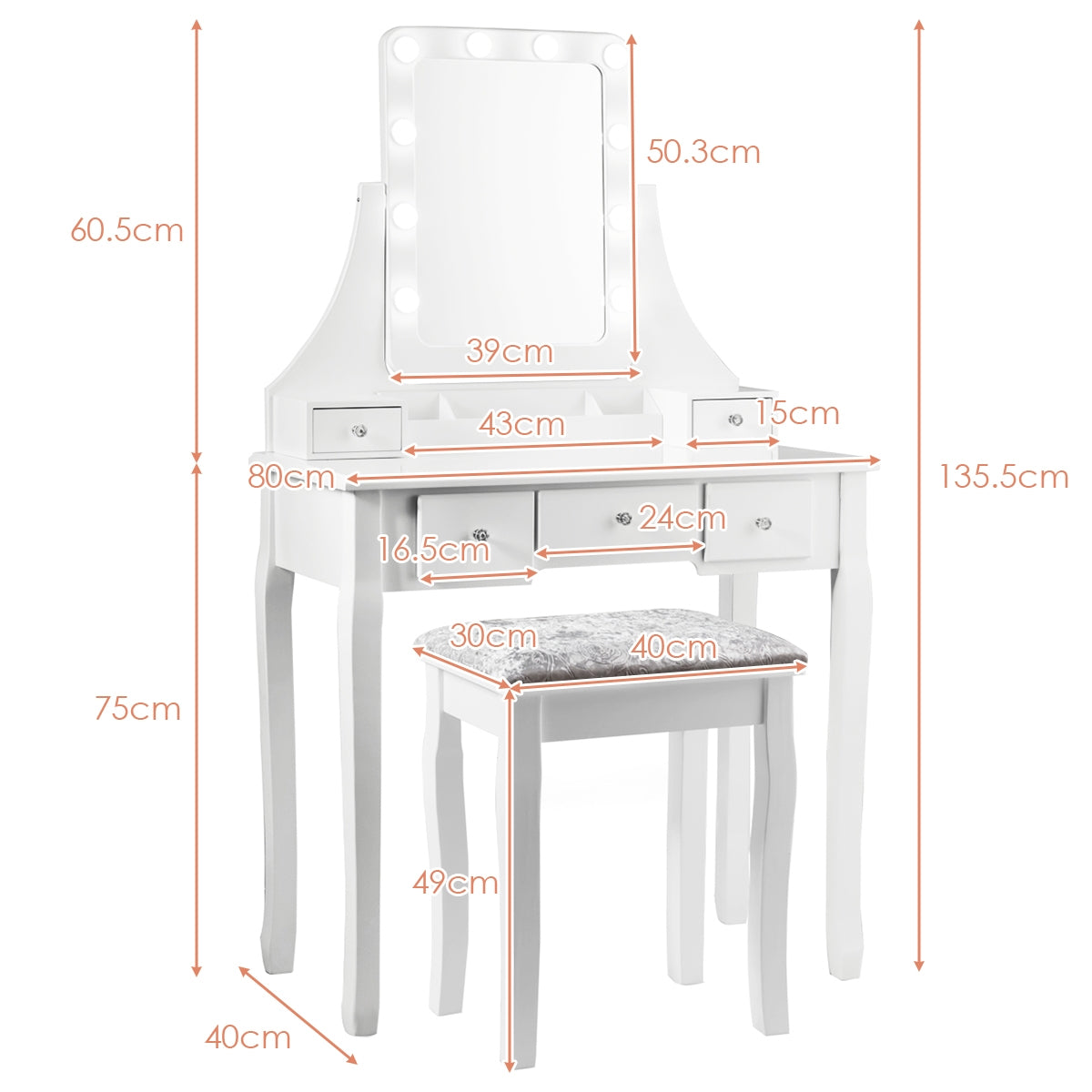 Set Tocador con Espejo Rectangular y Taburete Mesa para Maquillarse con 10 Bombillas LED Blanco 80 x 40 x 135,5 cm