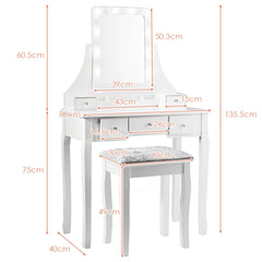 Set Tocador con Espejo Rectangular y Taburete Mesa para Maquillarse con 10 Bombillas LED Blanco 80 x 40 x 135,5 cm