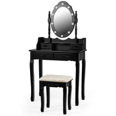 Set Tocador con Espejo Ovalado y 10 Bombillas LED Patas de Madera de Pino y Almohadillas Antideslizantes Negro 75 x 40 x 146 cm