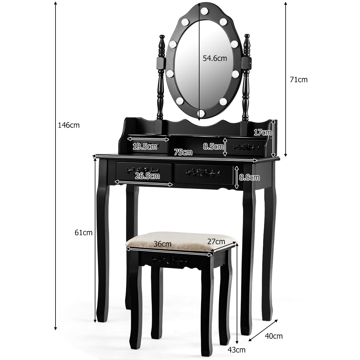 Set Tocador con Espejo Ovalado y 10 Bombillas LED Patas de Madera de Pino y Almohadillas Antideslizantes Negro 75 x 40 x 146 cm