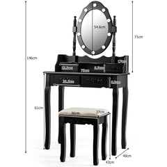 Set Tocador con Espejo Ovalado y 10 Bombillas LED Patas de Madera de Pino y Almohadillas Antideslizantes Negro 75 x 40 x 146 cm