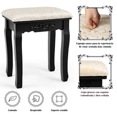 Set Tocador con Espejo Ovalado y 10 Bombillas LED Patas de Madera de Pino y Almohadillas Antideslizantes Negro 75 x 40 x 146 cm
