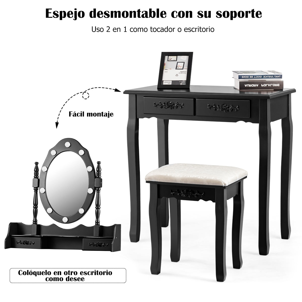 Set Tocador con Espejo Ovalado y 10 Bombillas LED Patas de Madera de Pino y Almohadillas Antideslizantes Negro 75 x 40 x 146 cm