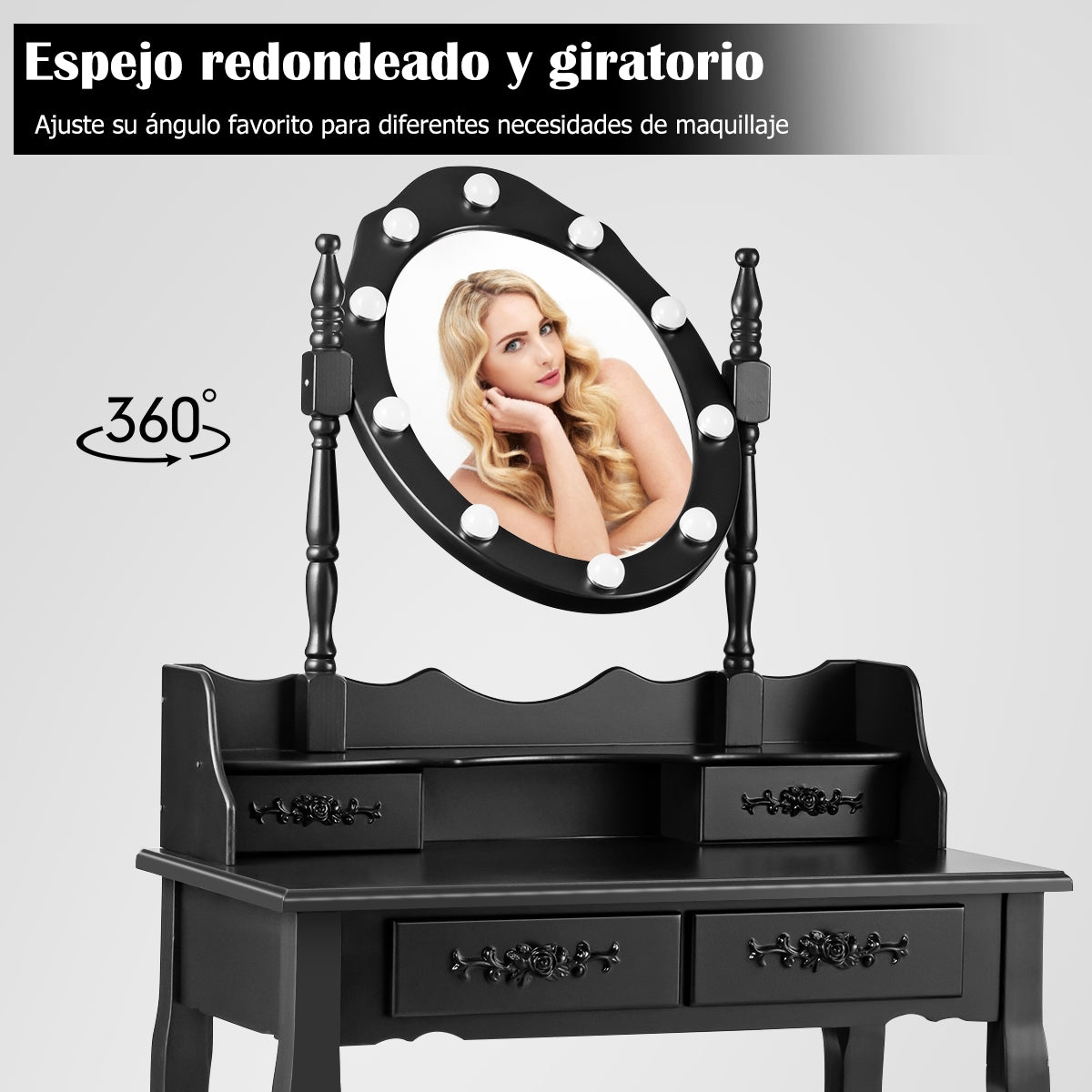Set Tocador con Espejo Ovalado y 10 Bombillas LED Patas de Madera de Pino y Almohadillas Antideslizantes Negro 75 x 40 x 146 cm