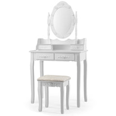 Set Tocador con Espejo Ovalado y 10 Bombillas LED Patas de Madera de Pino y Almohadillas Antideslizantes Blanco 75 x 40 x 146 cm