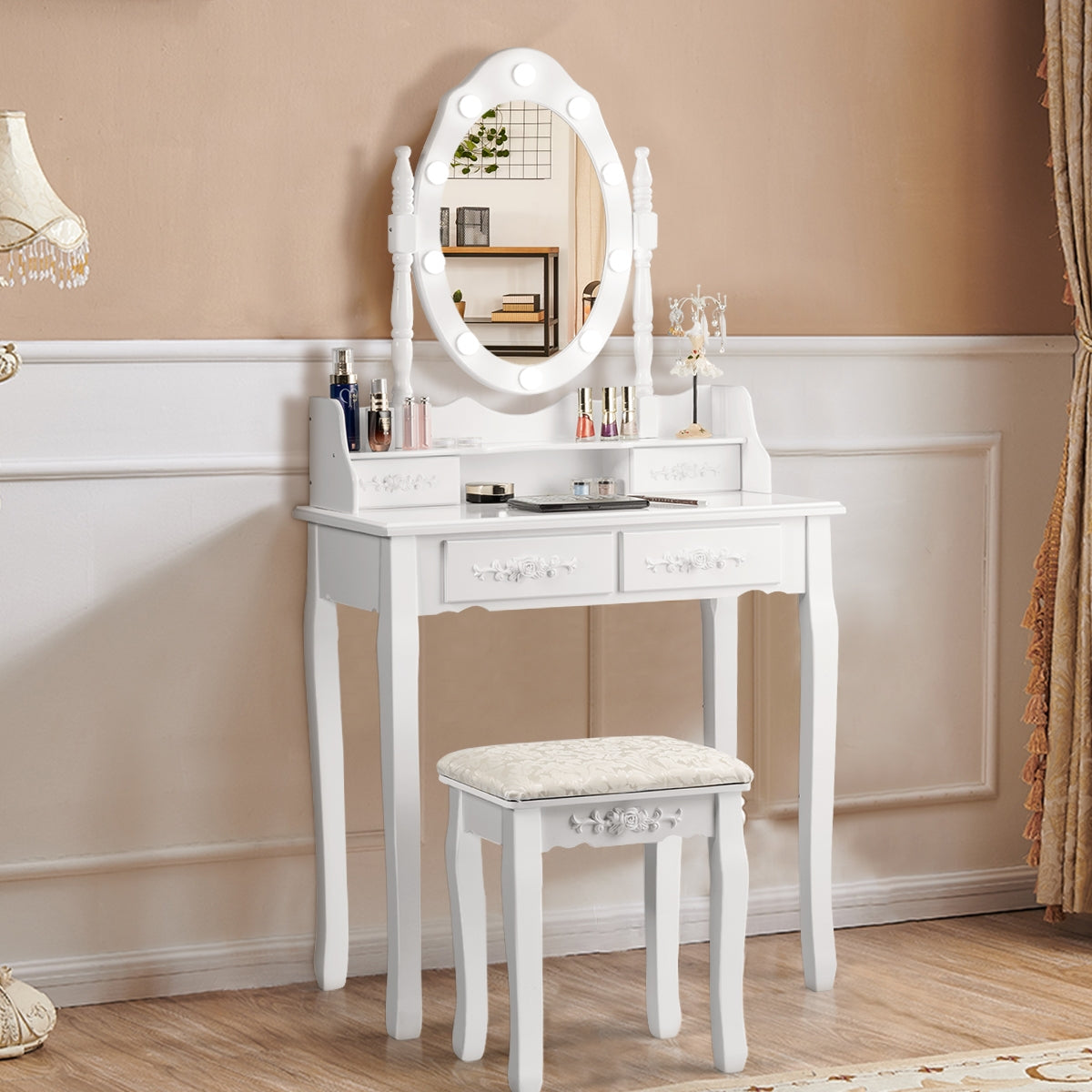 Set Tocador con Espejo Ovalado y 10 Bombillas LED Patas de Madera de Pino y Almohadillas Antideslizantes Blanco 75 x 40 x 146 cm