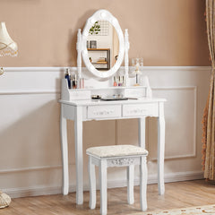 Set Tocador con Espejo Ovalado y 10 Bombillas LED Patas de Madera de Pino y Almohadillas Antideslizantes Blanco 75 x 40 x 146 cm