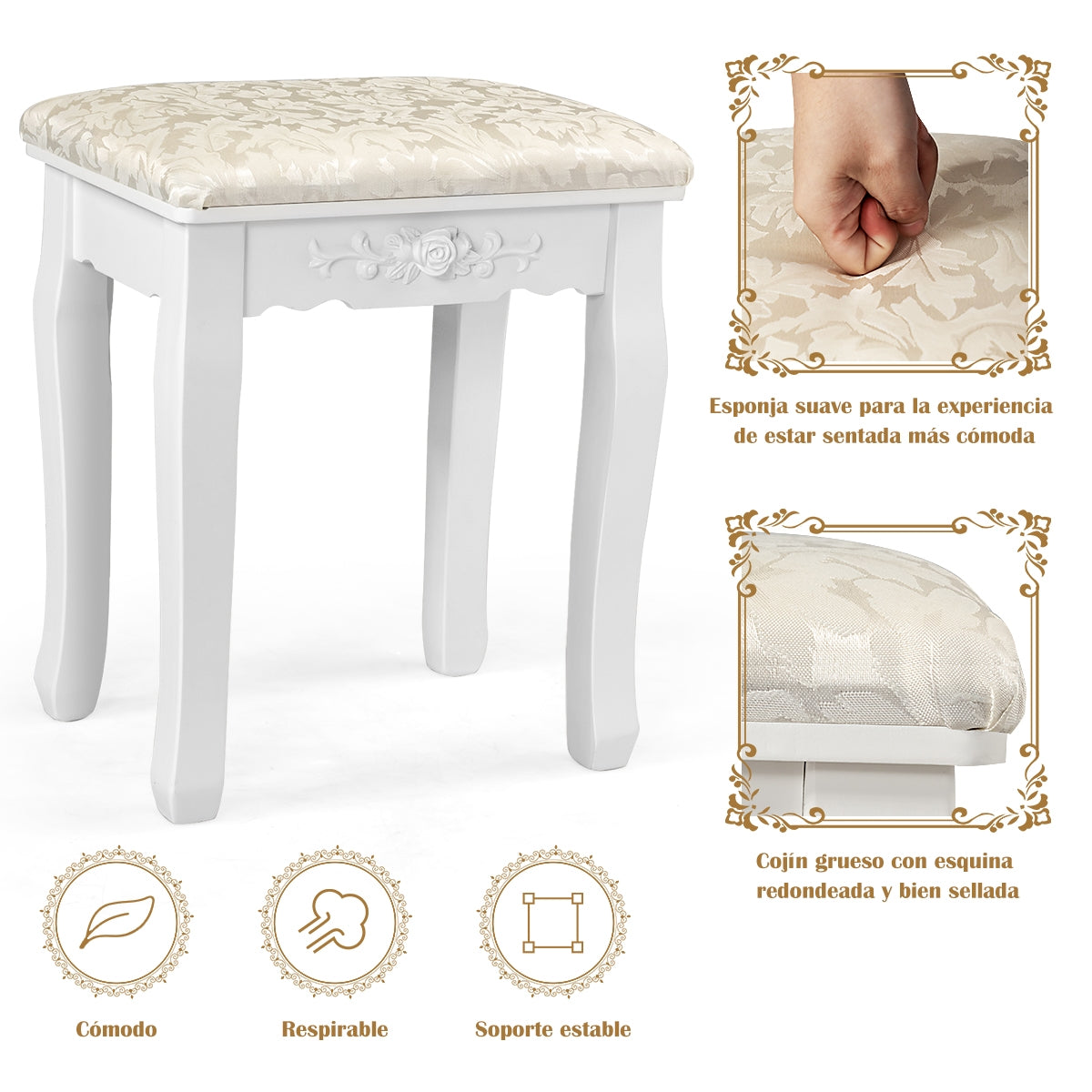 Set Tocador con Espejo Ovalado y 10 Bombillas LED Patas de Madera de Pino y Almohadillas Antideslizantes Blanco 75 x 40 x 146 cm