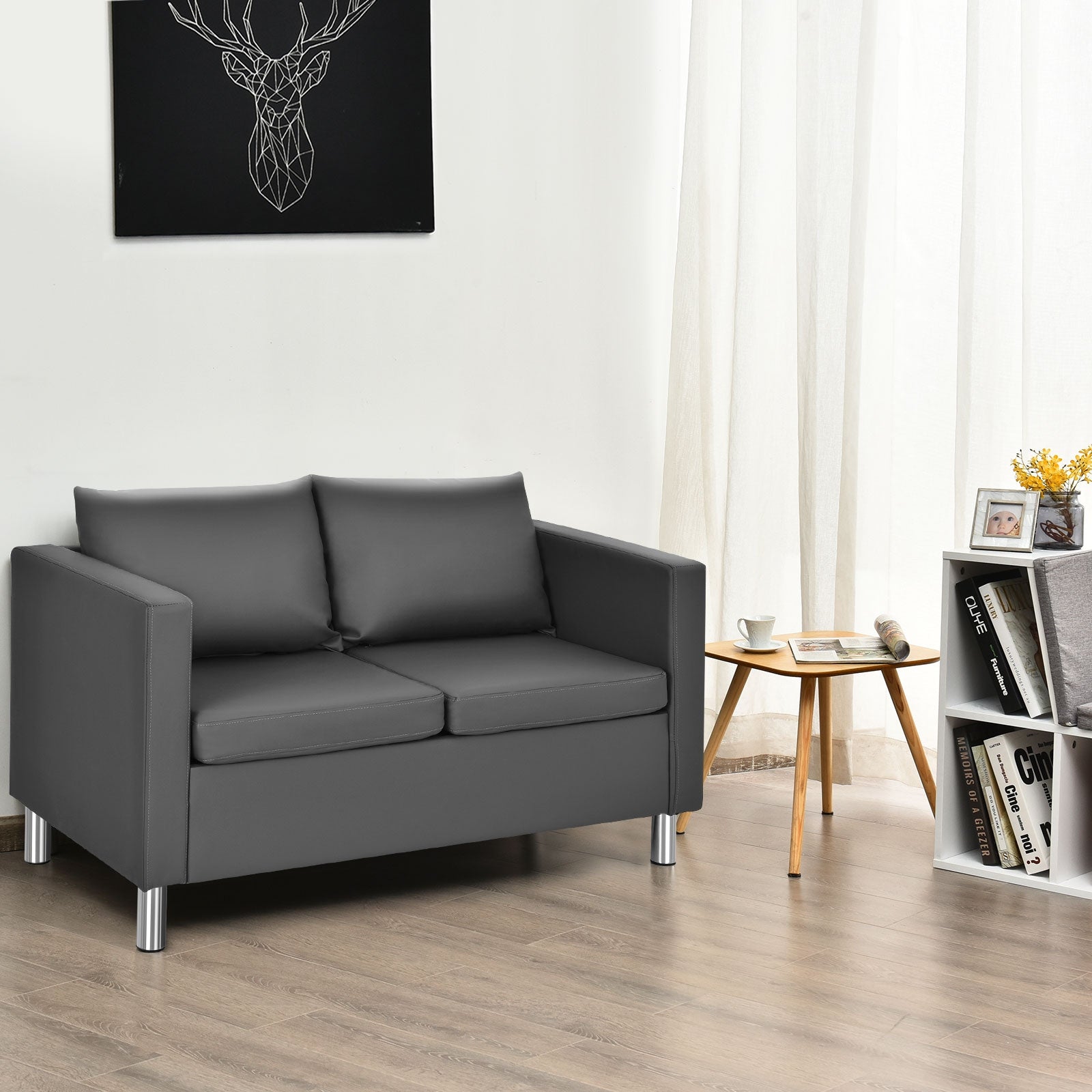 Sofá Moderno de 2 Plazas en Símil-Cuero PU con Cojín Blando Convertible en Sofá Cama Perfecto para Casa y Oficina Gris 120 x 60 x 62,5 cm
