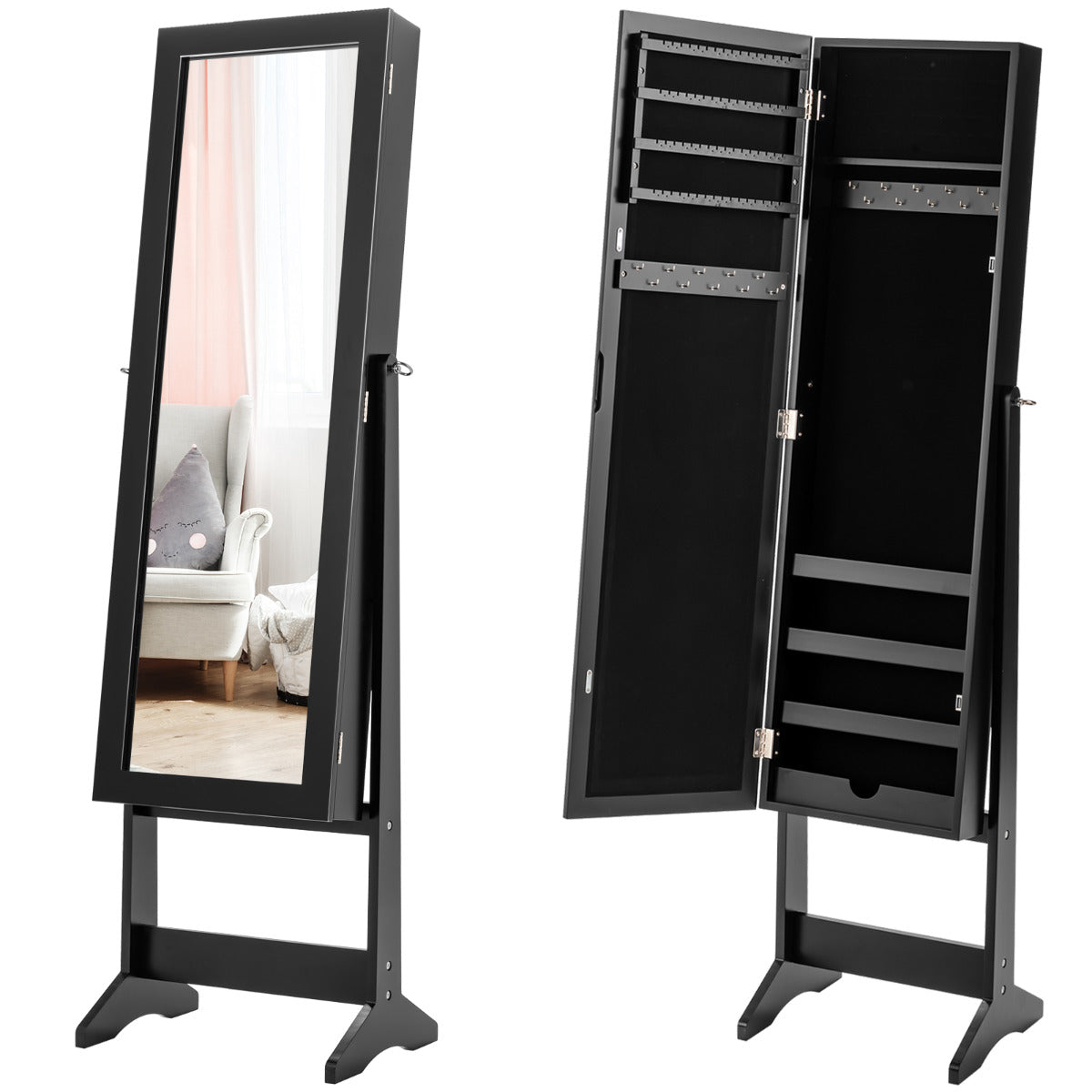 Armario Joyero con Espejo de Cuerpo Entero y 3 Ángulos Regulables Organizador Joyas 2 en 1 Negro 35 x 30 x 144 cm
