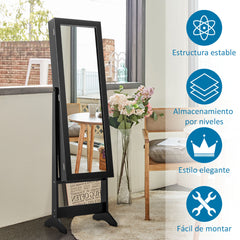 Armario Joyero con Espejo de Cuerpo Entero y 3 Ángulos Regulables Organizador Joyas 2 en 1 Negro 35 x 30 x 144 cm