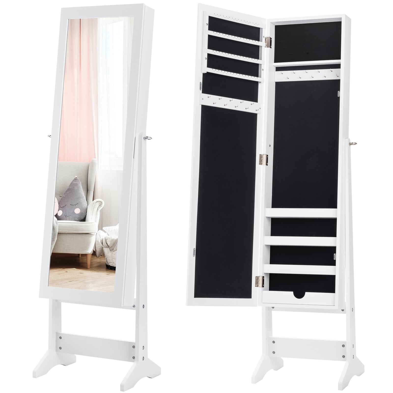 Armario Joyero con Espejo de Cuerpo Entero y 3 Ángulos Regulables Organizador Joyas 2 en 1 Blanco 35 x 30 x 144 cm