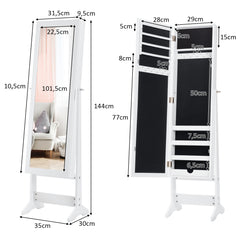 Armario Joyero con Espejo de Cuerpo Entero y 3 Ángulos Regulables Organizador Joyas 2 en 1 Blanco 35 x 30 x 144 cm