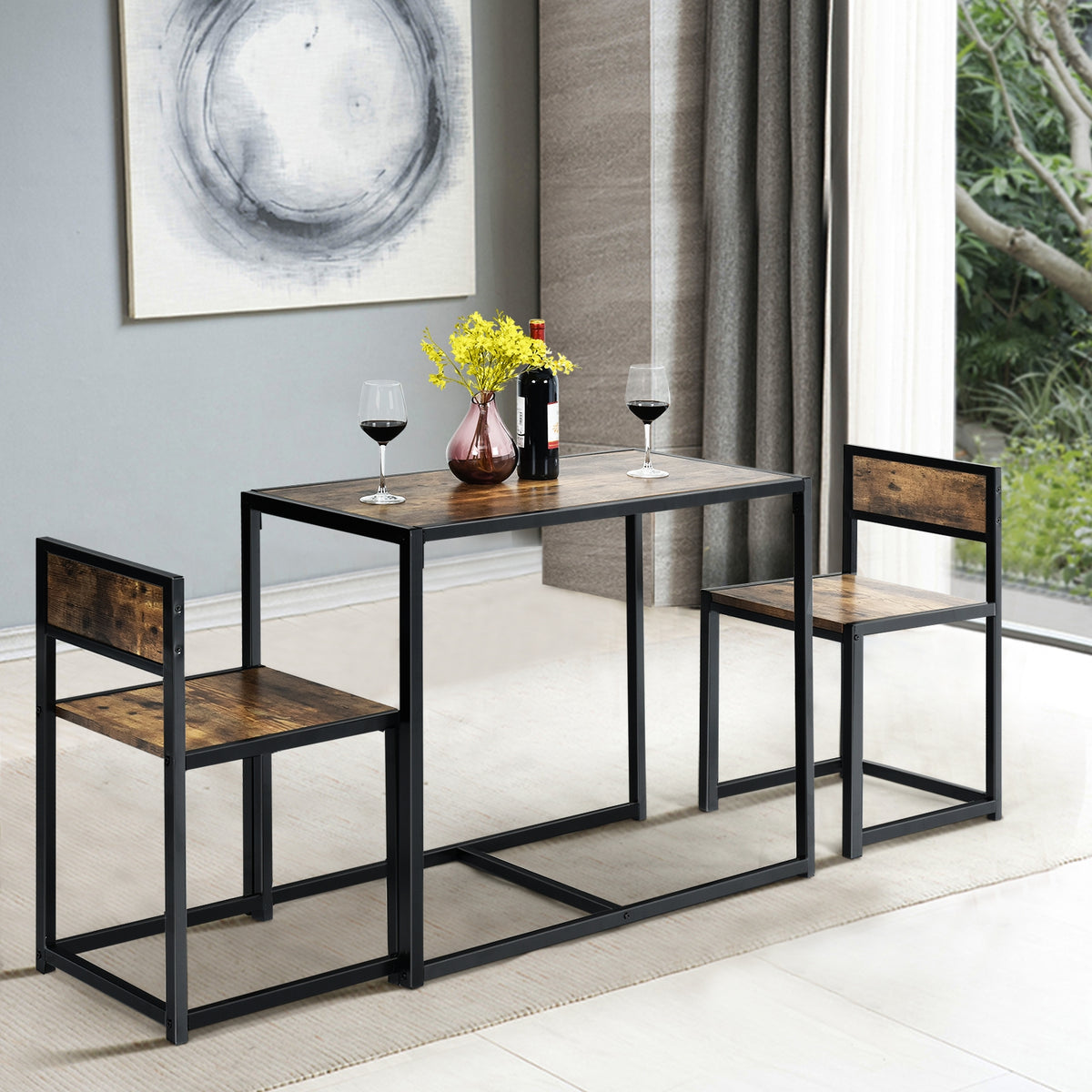 Set con Mesa Compacta y 2 Sillas con Estructura de Metal para Pequeños Espacios Cocina Comedor Bistró Antiguo