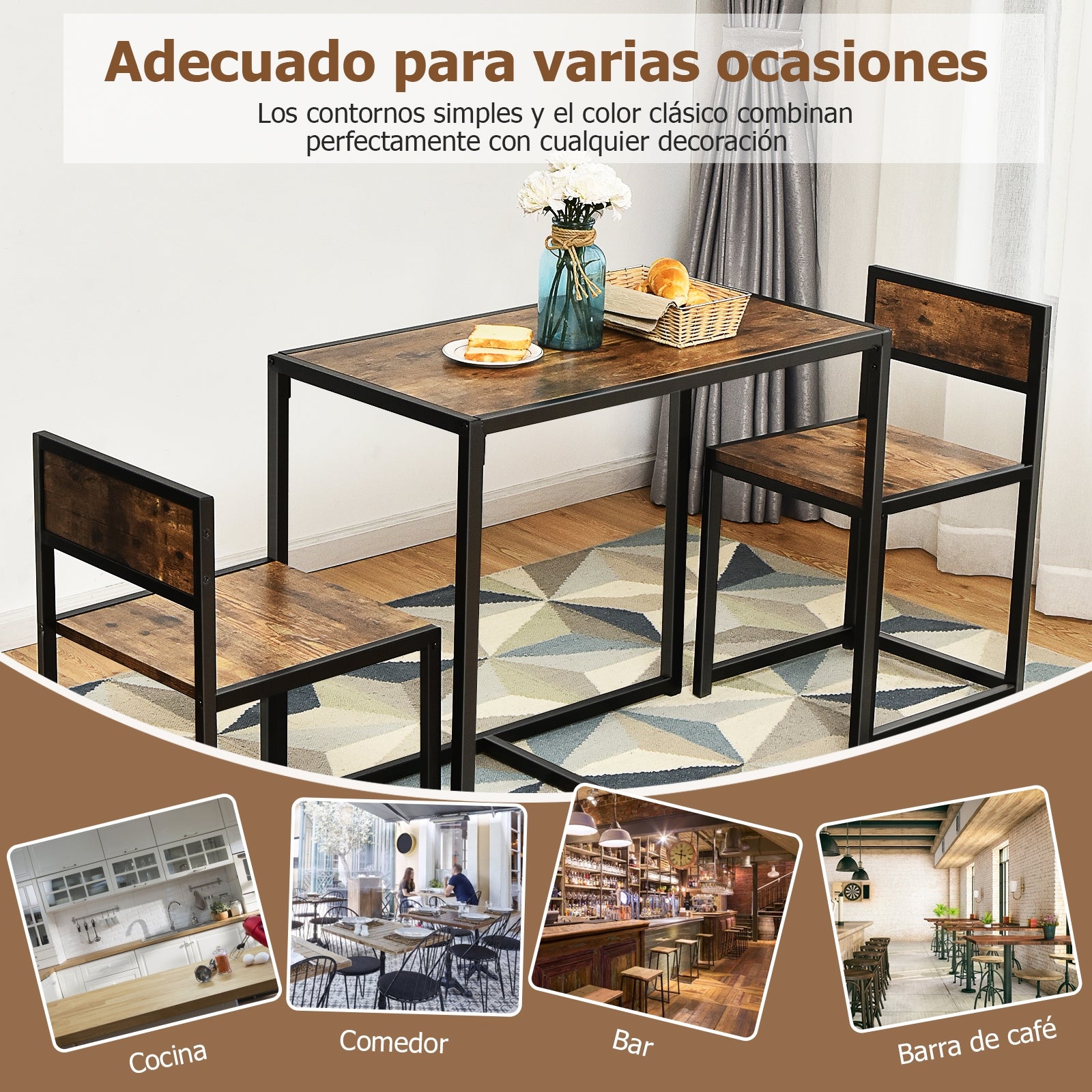 Set con Mesa Compacta y 2 Sillas con Estructura de Metal para Pequeños Espacios Cocina Comedor Bistró Antiguo