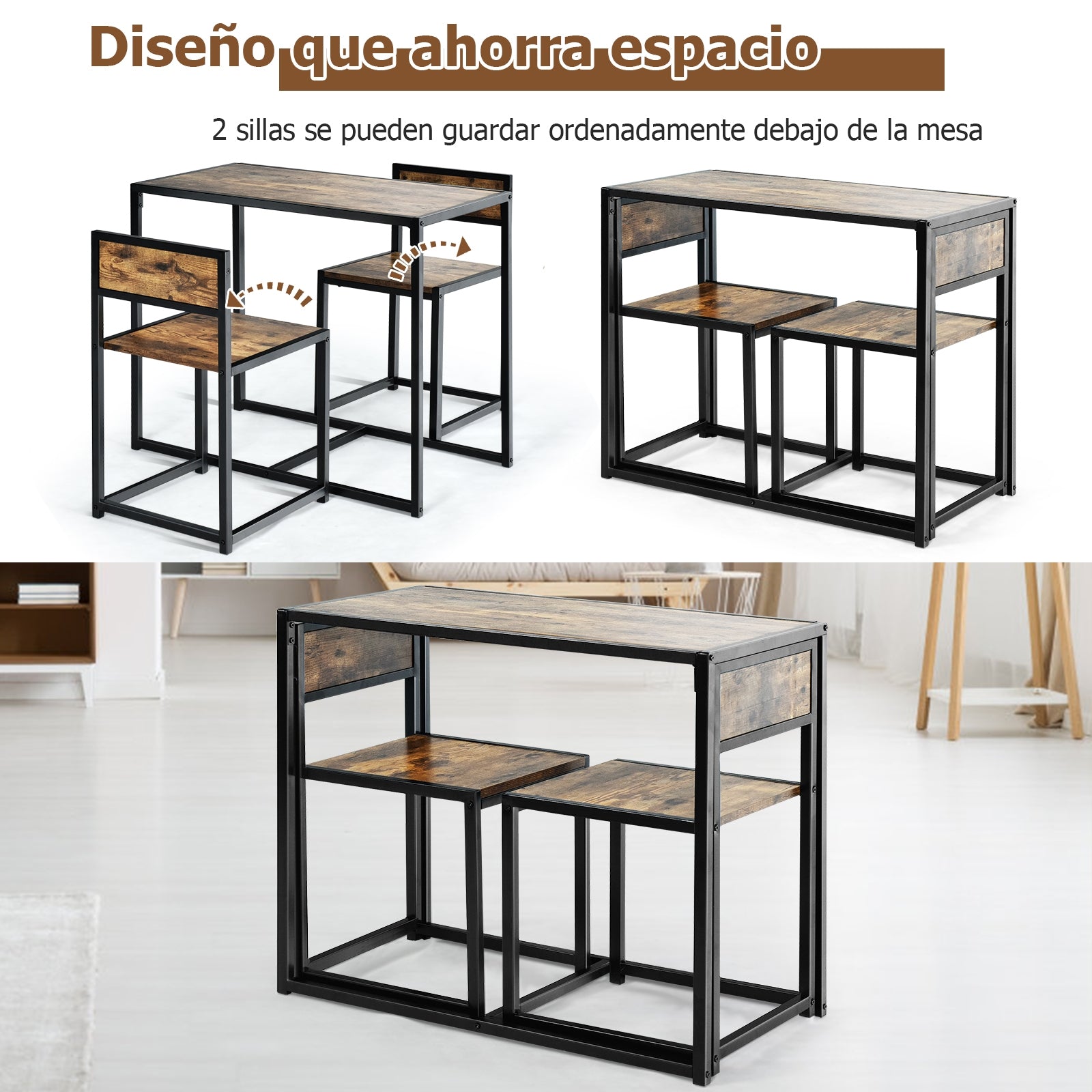 Set con Mesa Compacta y 2 Sillas con Estructura de Metal para Pequeños Espacios Cocina Comedor Bistró Antiguo
