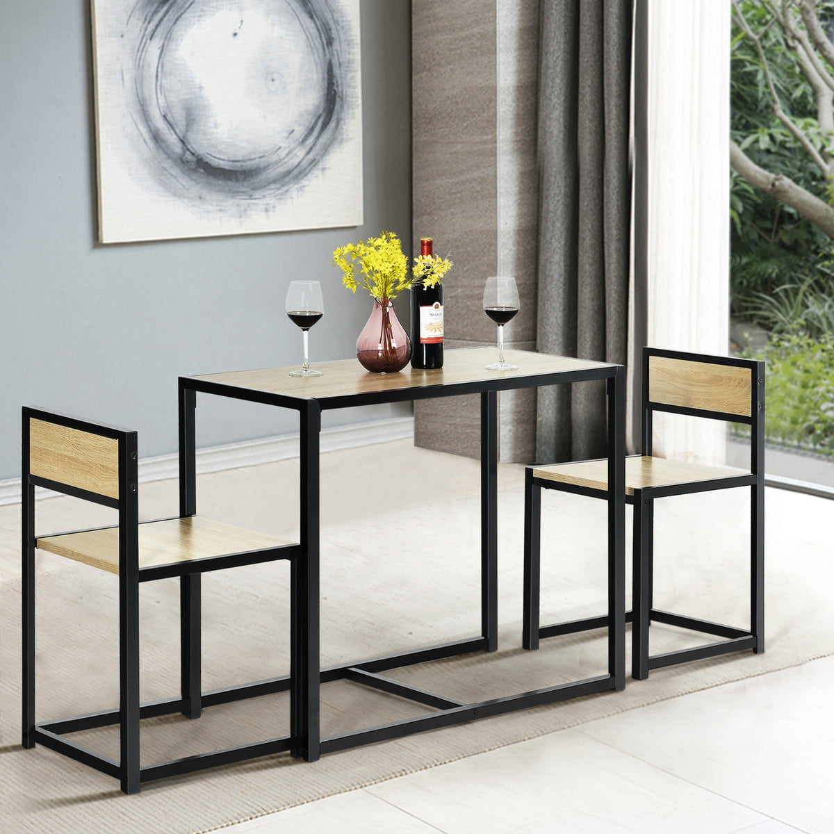 Set con Mesa Compacta y 2 Sillas con Estructura de Metal para Pequeños Espacios Cocina Comedor Bistró Natural