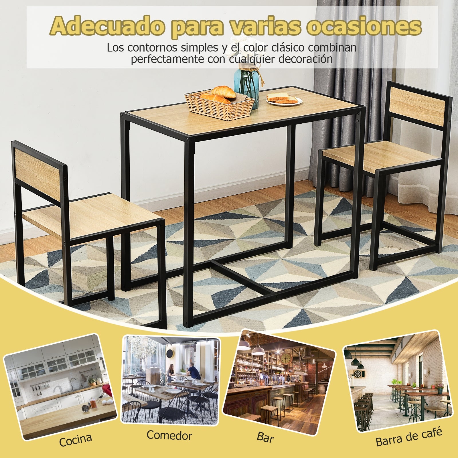 Set con Mesa Compacta y 2 Sillas con Estructura de Metal para Pequeños Espacios Cocina Comedor Bistró Natural