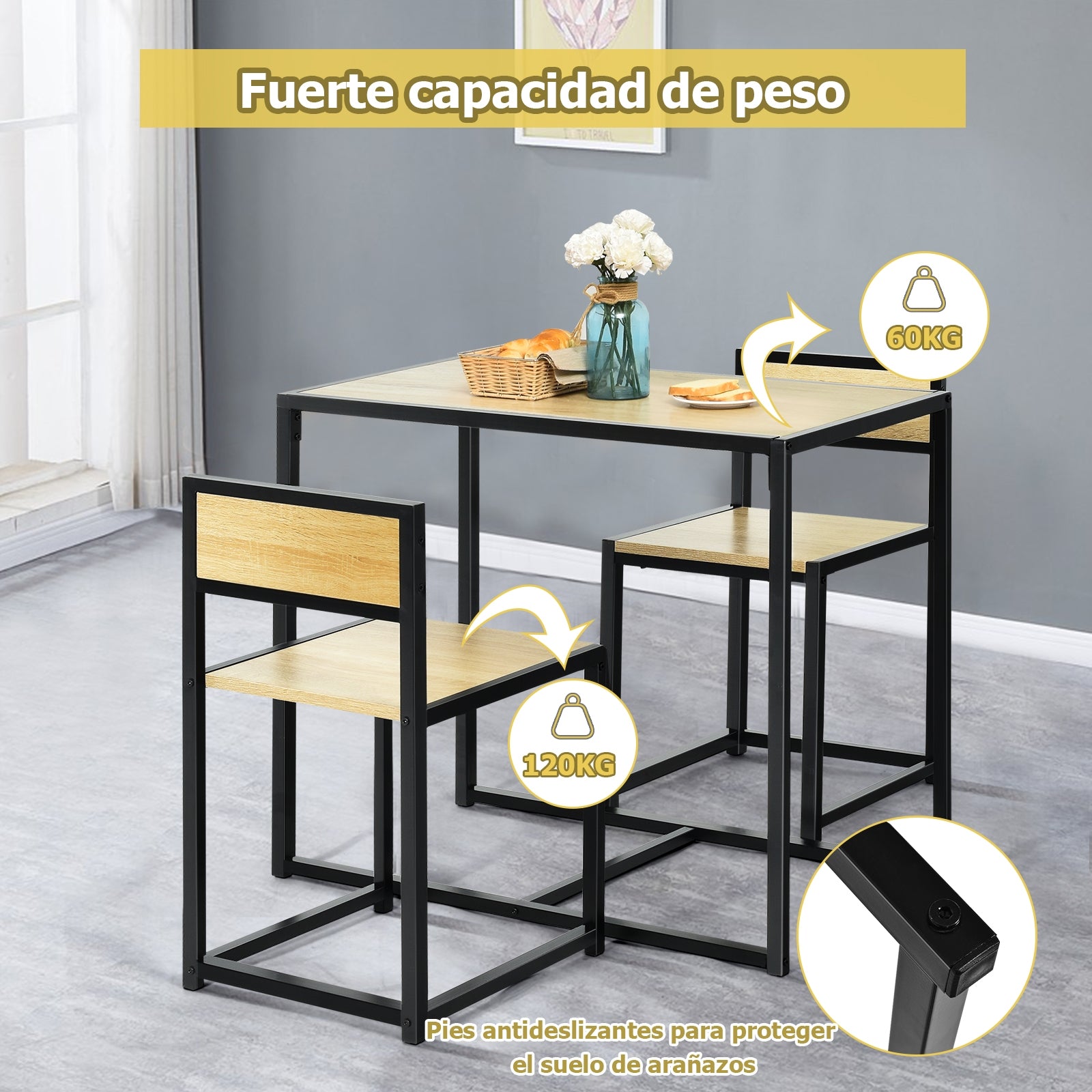 Set con Mesa Compacta y 2 Sillas con Estructura de Metal para Pequeños Espacios Cocina Comedor Bistró Natural