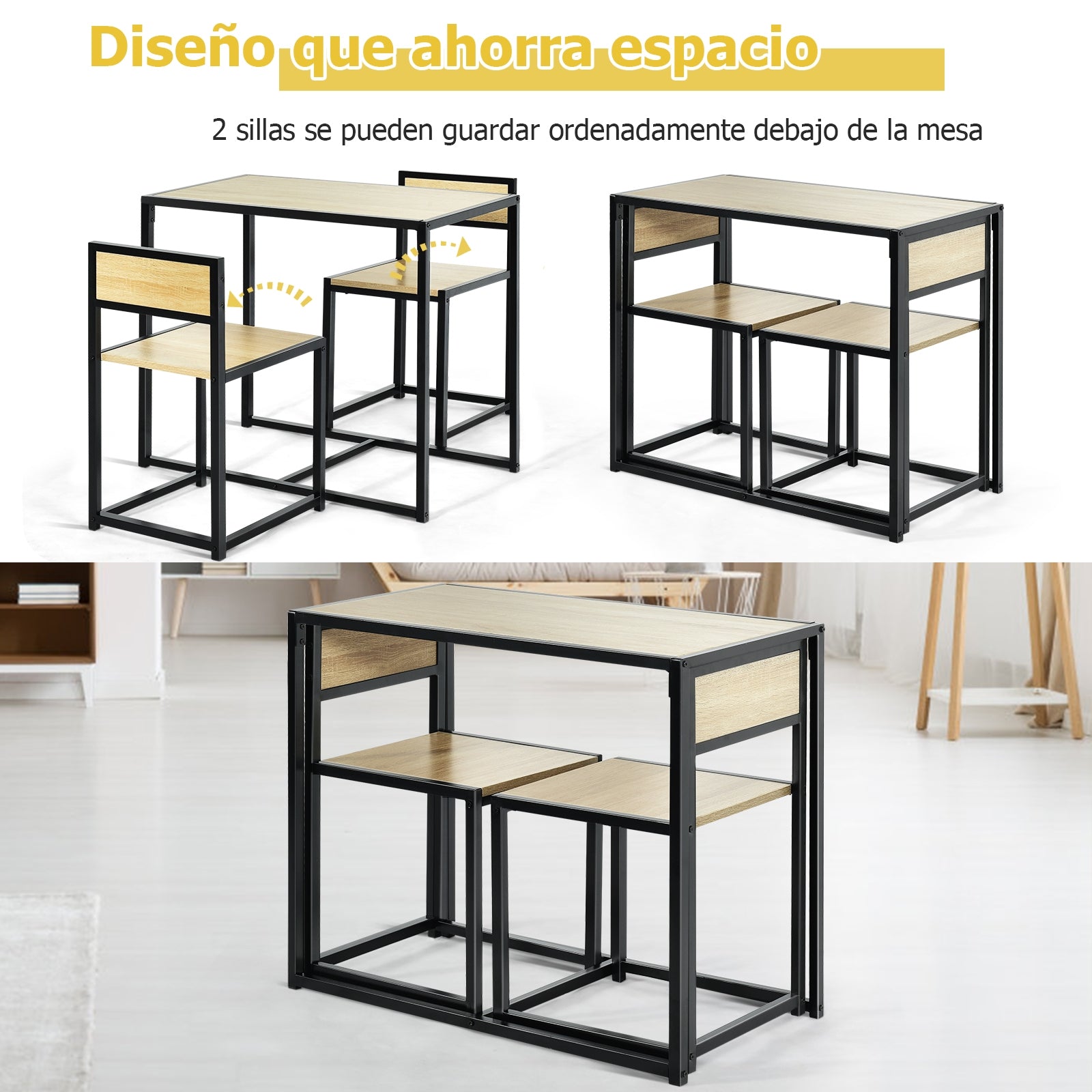 Set con Mesa Compacta y 2 Sillas con Estructura de Metal para Pequeños Espacios Cocina Comedor Bistró Natural