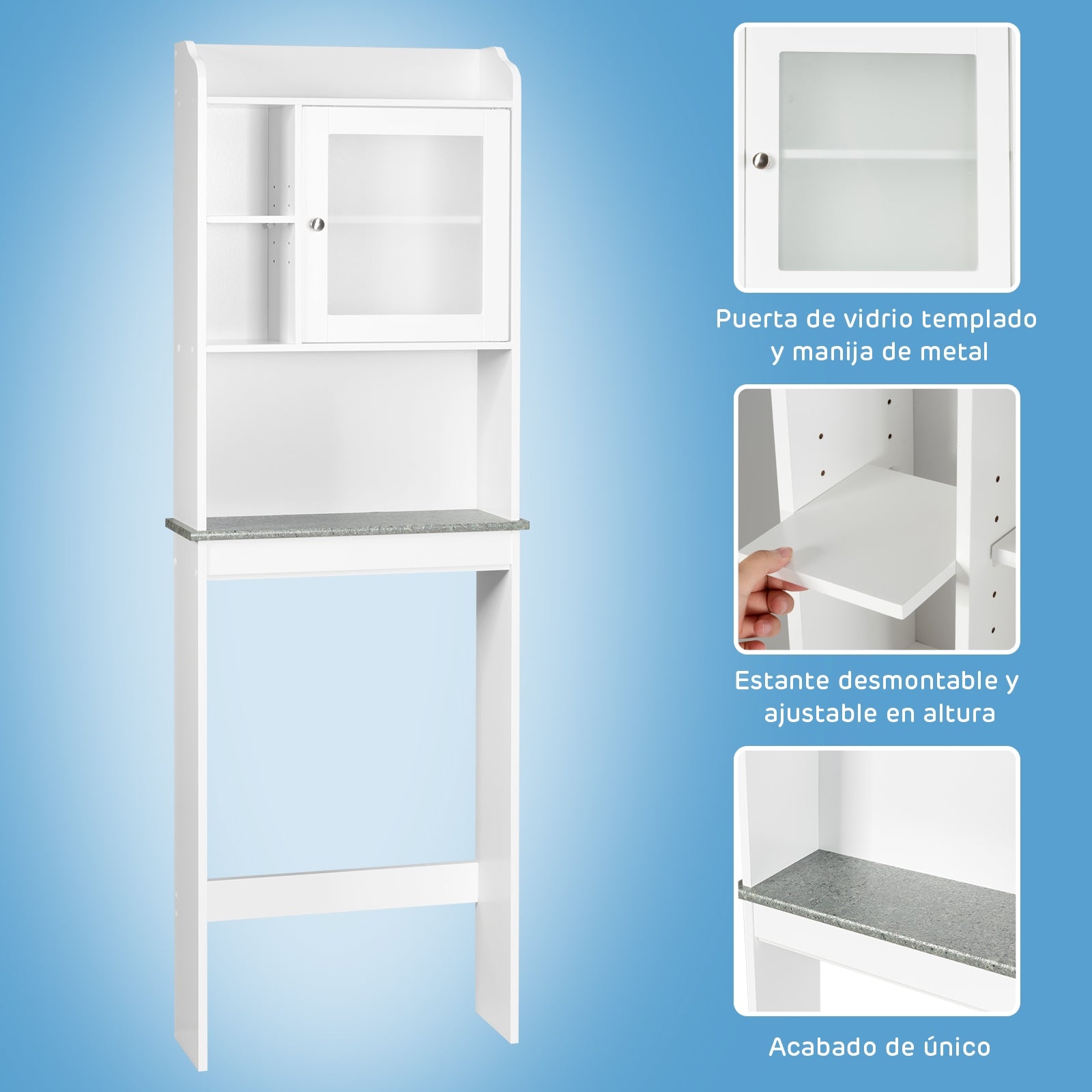 Armario Arriba del Inodoro con Puerta en Vidrio Templado Salva Espacio con Niveles Regulables Blanco 59 x 19 x 173 cm